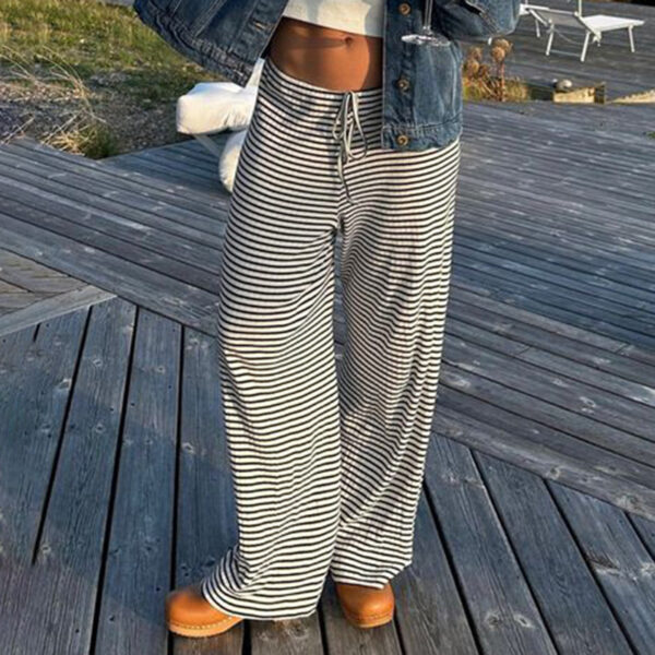 Women's Striped Print Trousers Y2K Fashion Casual Lace Up Home Straight  Wide-leg Pants - Image 8